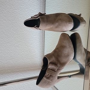 Me too brand, tan suede booties, bow tie side detail, size 8.5.